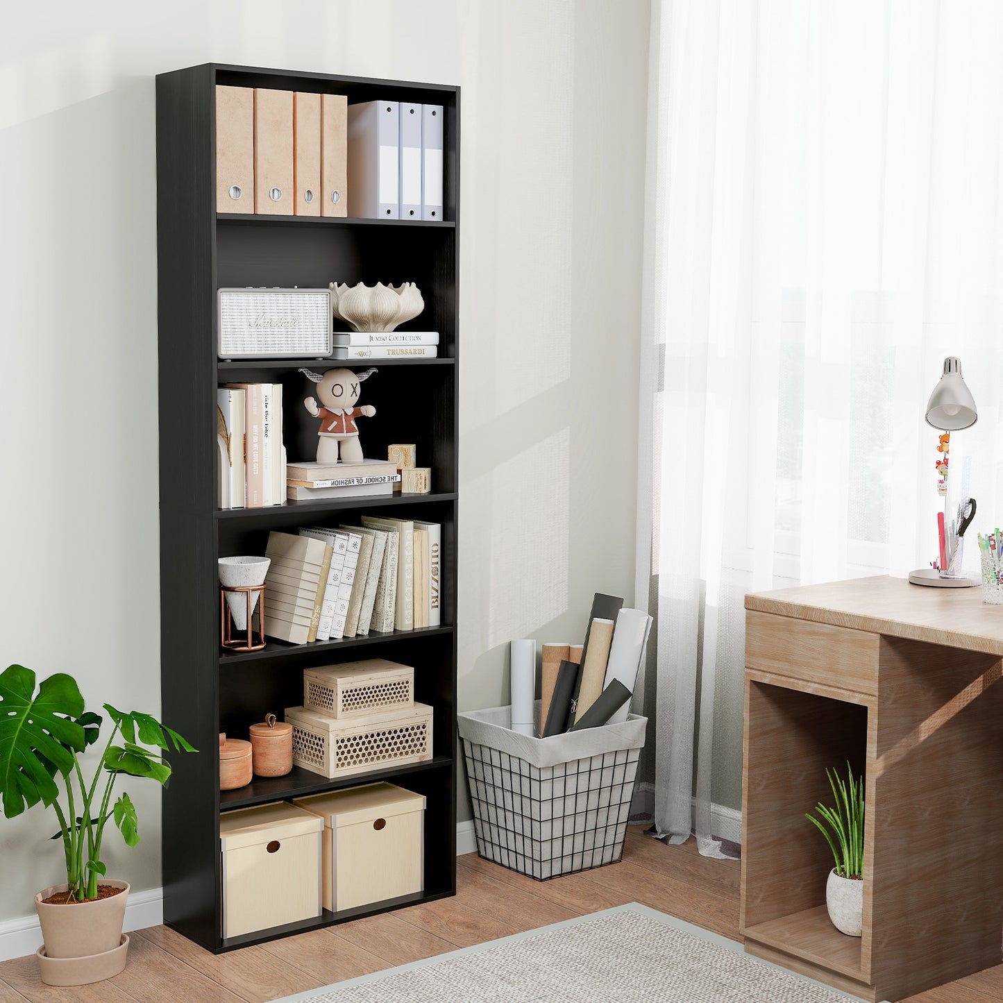 6-Tier Bookcase with 6 Open Shelves and Anti-Toppling Kits-Black Kids Crystal