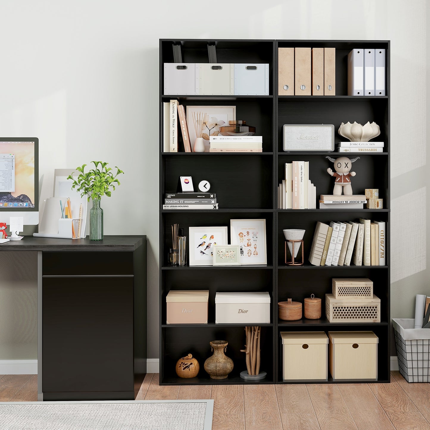 6-Tier Bookcase with 6 Open Shelves and Anti-Toppling Kits-Black Kids Crystal