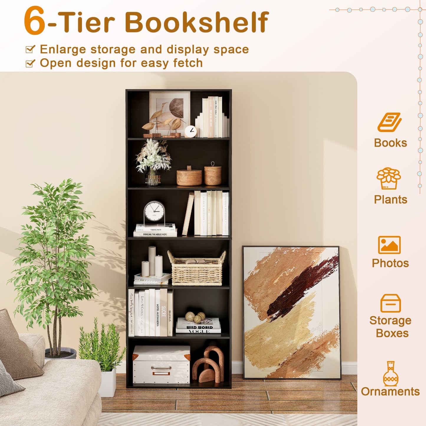 6-Tier Bookcase with 6 Open Shelves and Anti-Toppling Kits-Black Kids Crystal