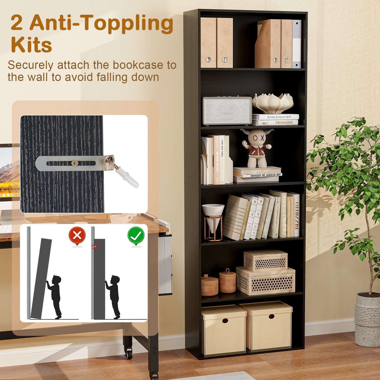 6-Tier Bookcase with 6 Open Shelves and Anti-Toppling Kits-Black Kids Crystal