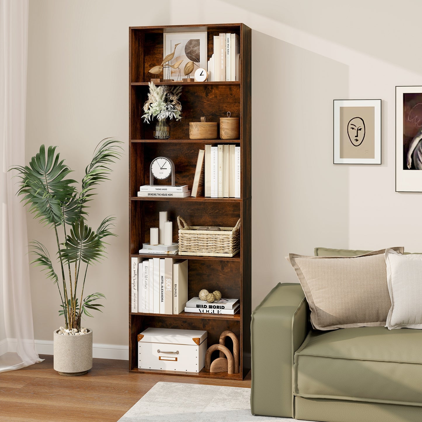 6-Tier Bookcase with 6 Open Shelves and Anti-Toppling Kits-Rustic Brown Kids Crystal
