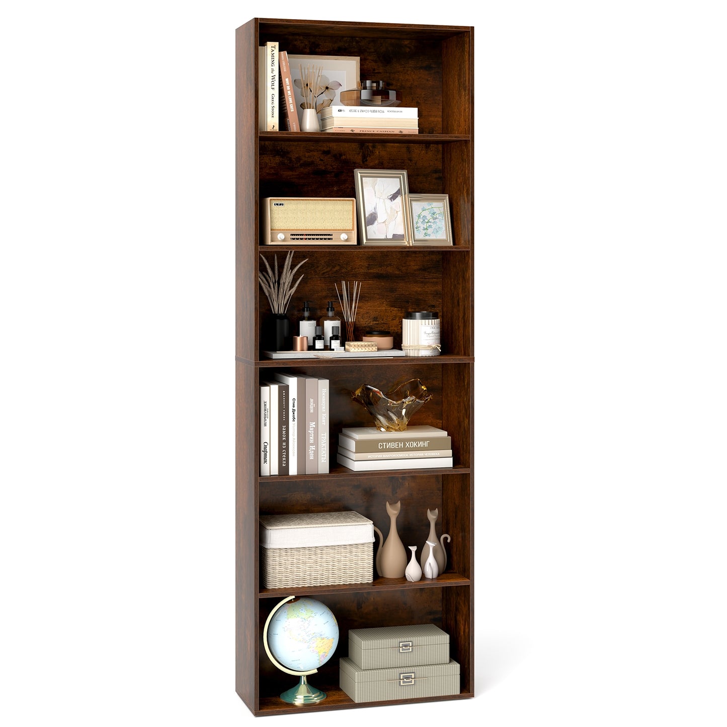 6-Tier Bookcase with 6 Open Shelves and Anti-Toppling Kits-Rustic Brown Kids Crystal