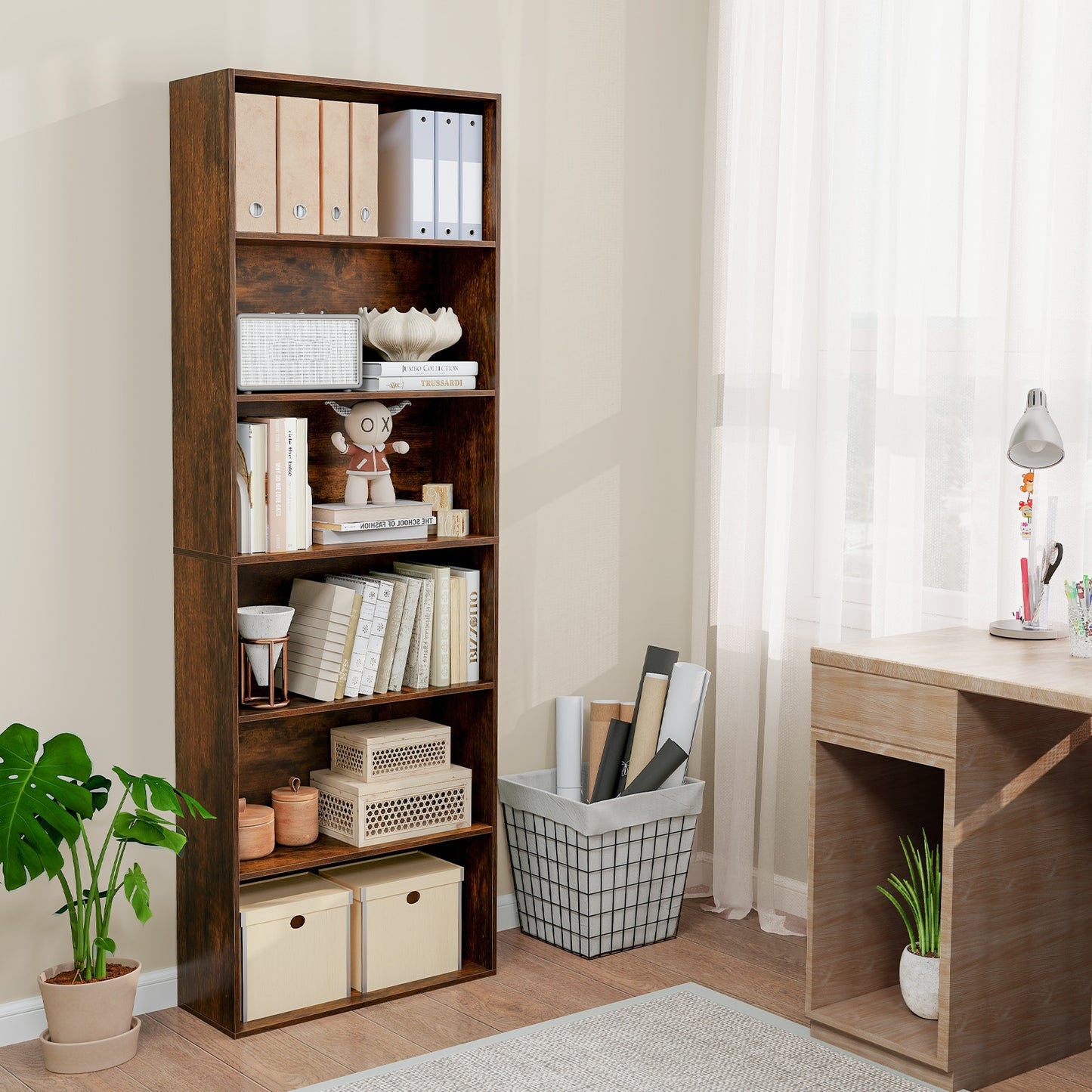 6-Tier Bookcase with 6 Open Shelves and Anti-Toppling Kits-Rustic Brown Kids Crystal