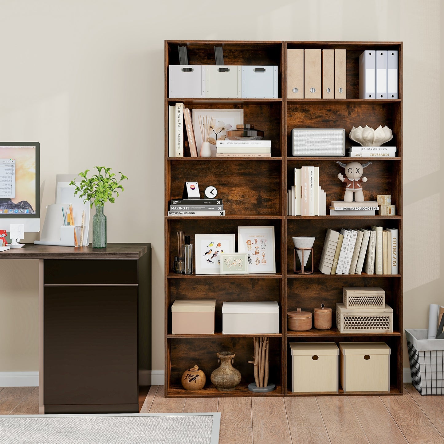 6-Tier Bookcase with 6 Open Shelves and Anti-Toppling Kits-Rustic Brown Kids Crystal