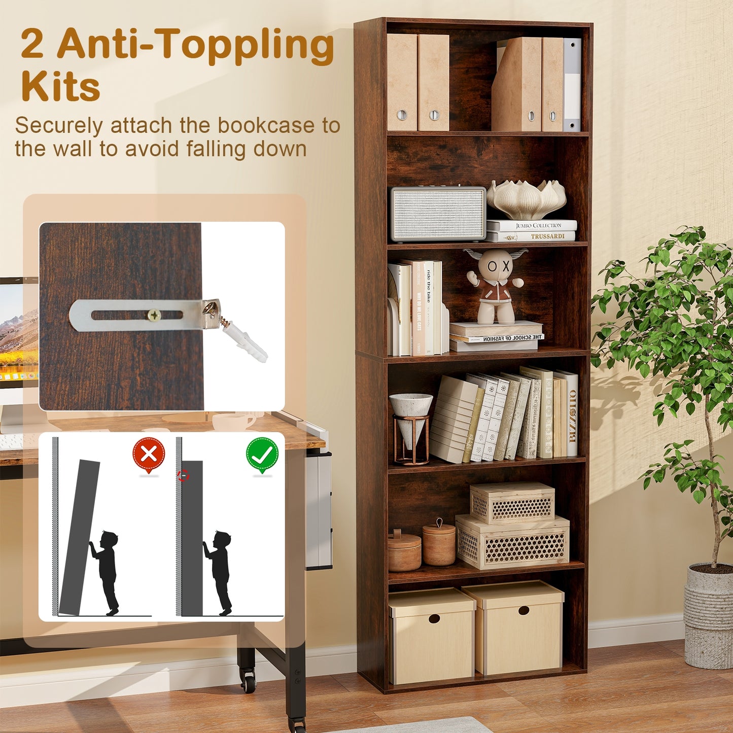 6-Tier Bookcase with 6 Open Shelves and Anti-Toppling Kits-Rustic Brown Kids Crystal