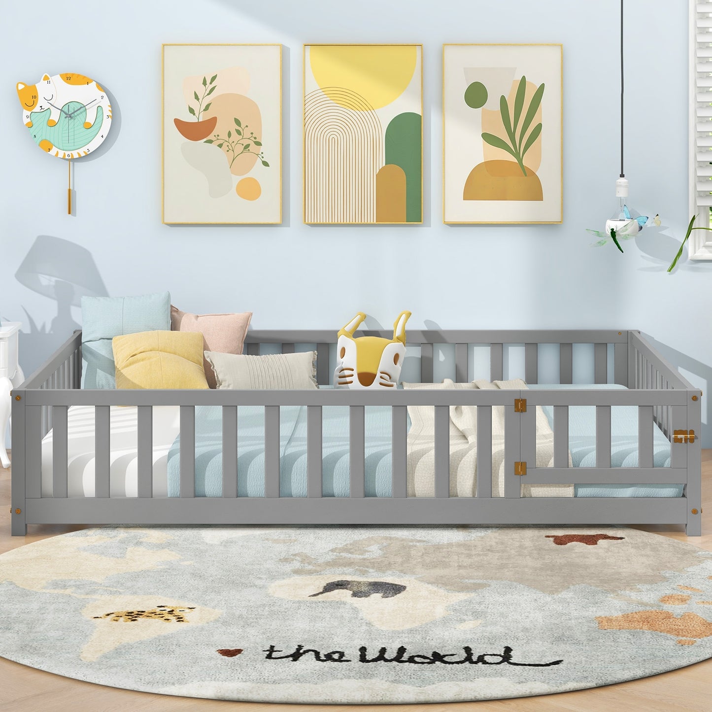 Montessori Bed Frame with Full-length Guardrails Safety Door and Latch-Gray Kids Crystal