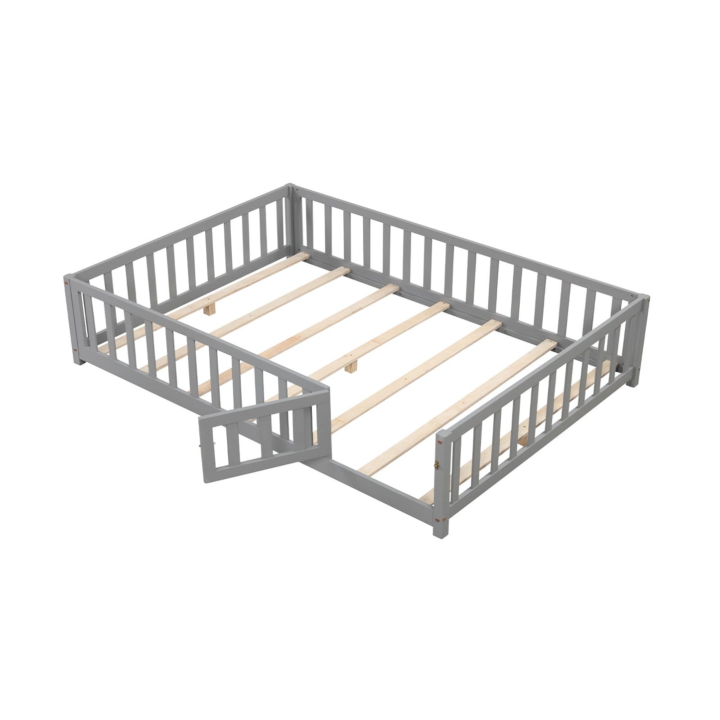 Montessori Bed Frame with Full-length Guardrails Safety Door and Latch-Gray Kids Crystal
