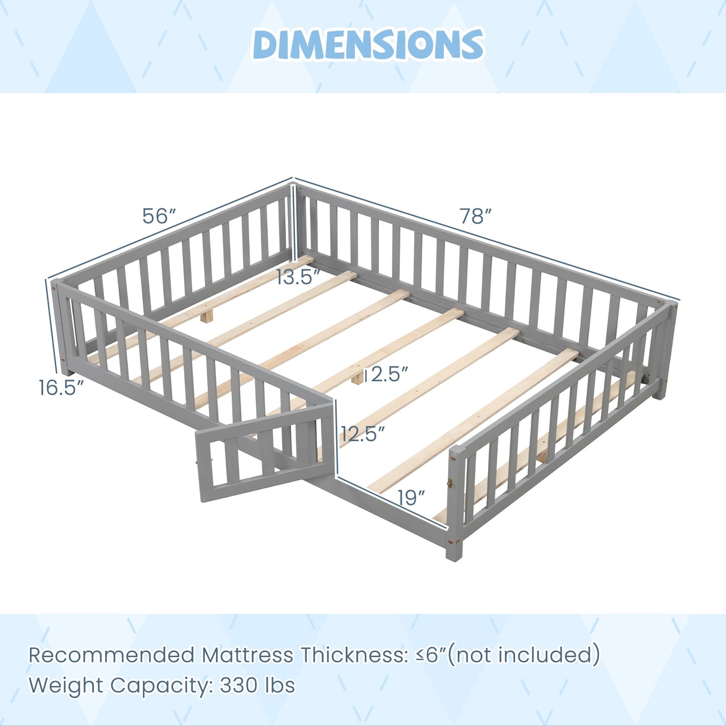 Montessori Bed Frame with Full-length Guardrails Safety Door and Latch-Gray Kids Crystal