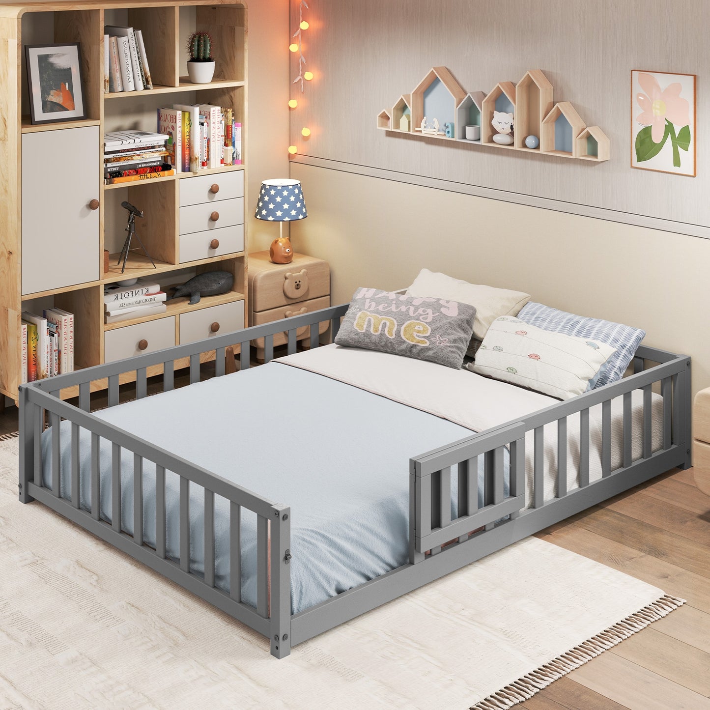 Montessori Bed Frame with Full-length Guardrails Safety Door and Latch-Gray Kids Crystal