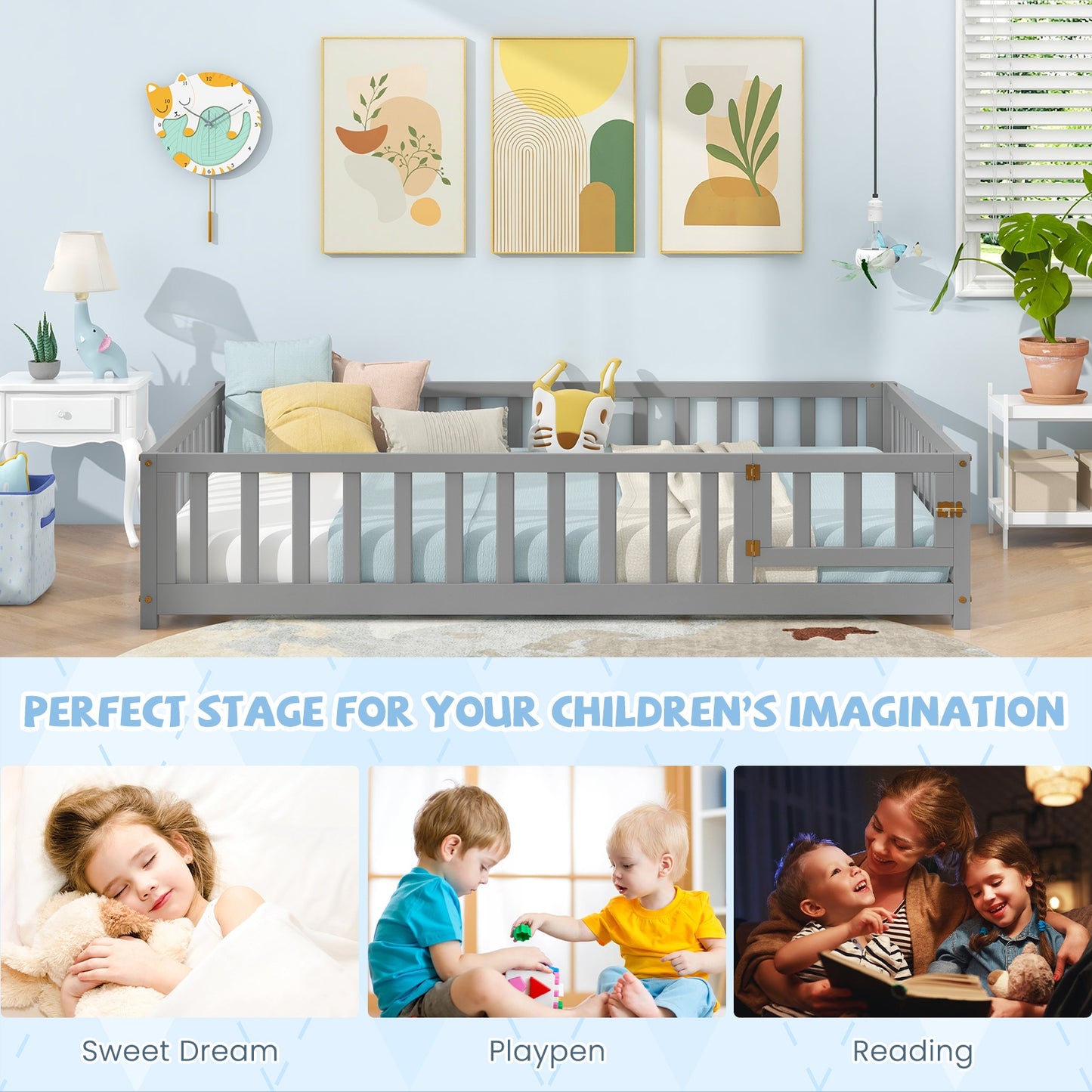 Montessori Bed Frame with Full-length Guardrails Safety Door and Latch-Gray Kids Crystal