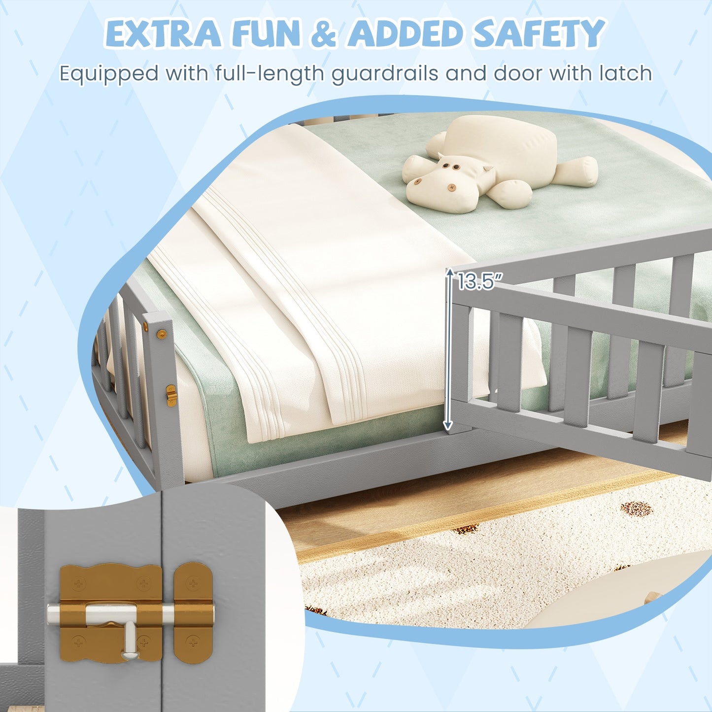 Montessori Bed Frame with Full-length Guardrails Safety Door and Latch-Gray Kids Crystal