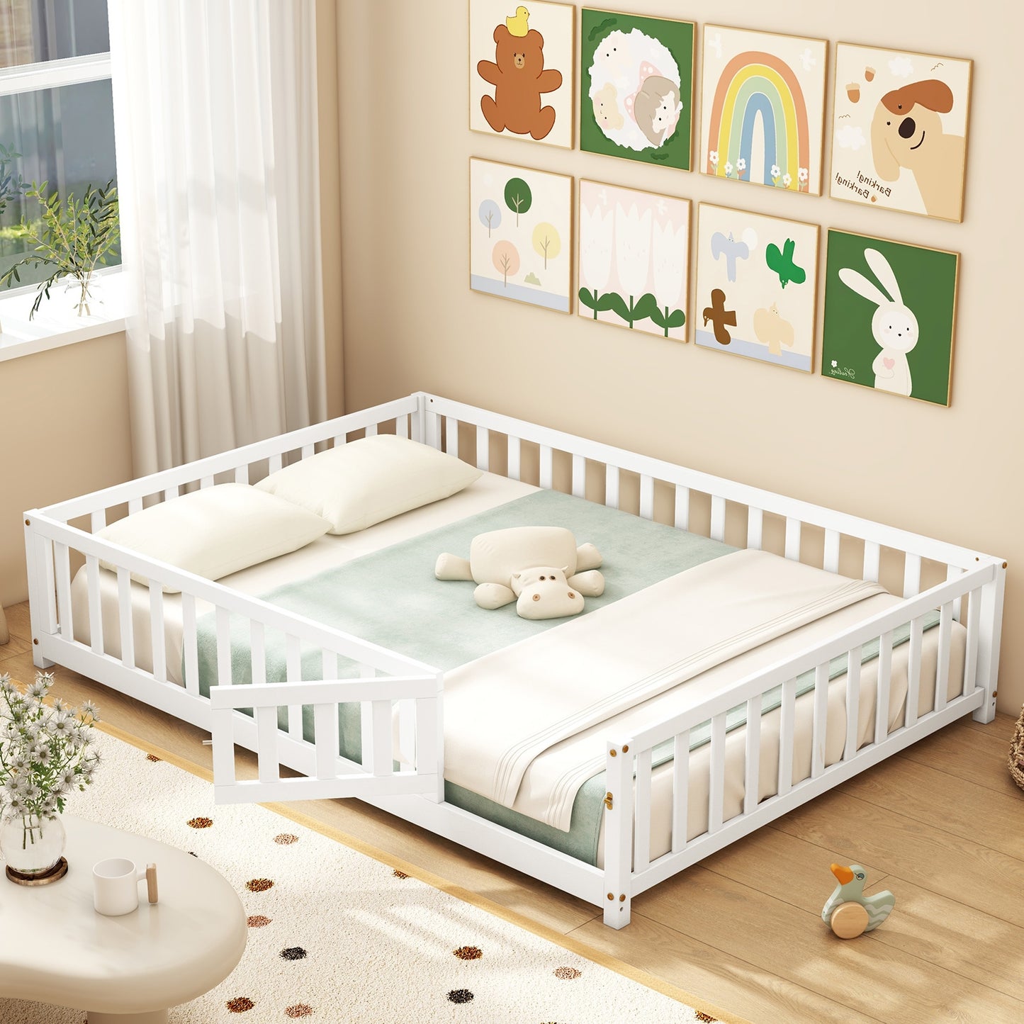 Montessori Bed Frame with Full-length Guardrails Safety Door and Latch-White Kids Crystal