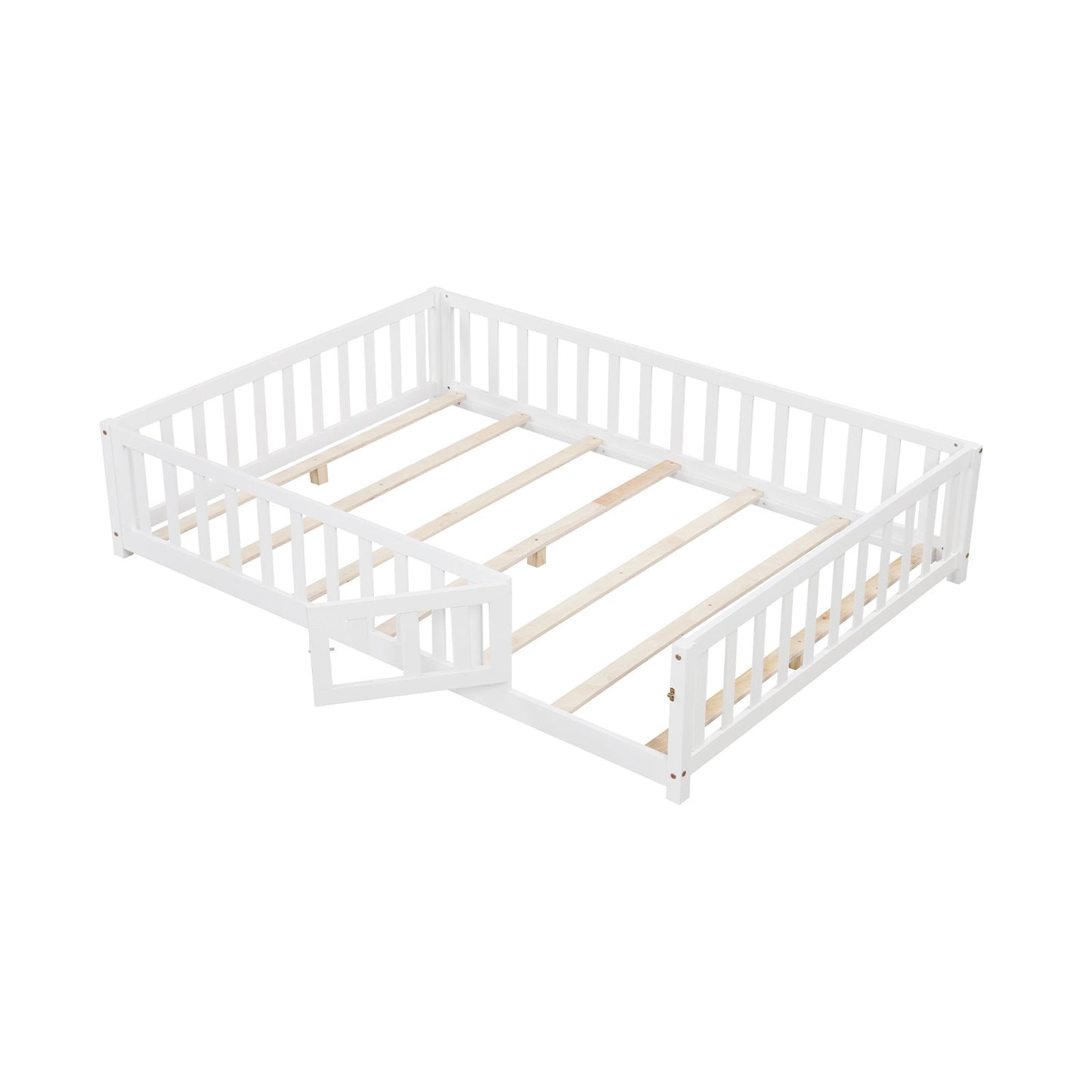 Montessori Bed Frame with Full-length Guardrails Safety Door and Latch-White Kids Crystal