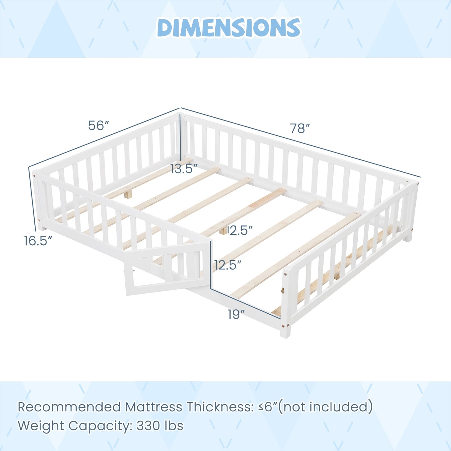 Montessori Bed Frame with Full-length Guardrails Safety Door and Latch-White Kids Crystal