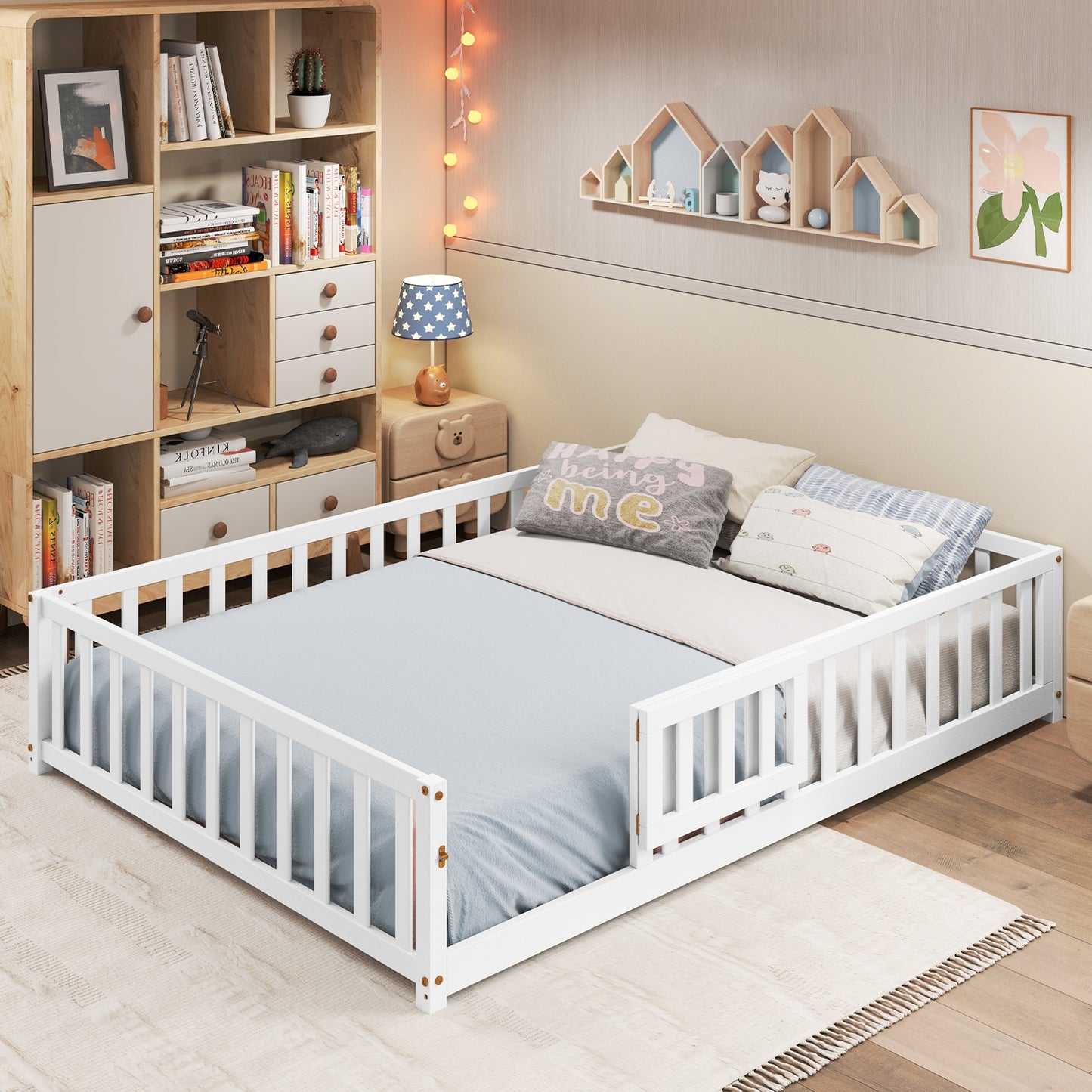 Montessori Bed Frame with Full-length Guardrails Safety Door and Latch-White Kids Crystal