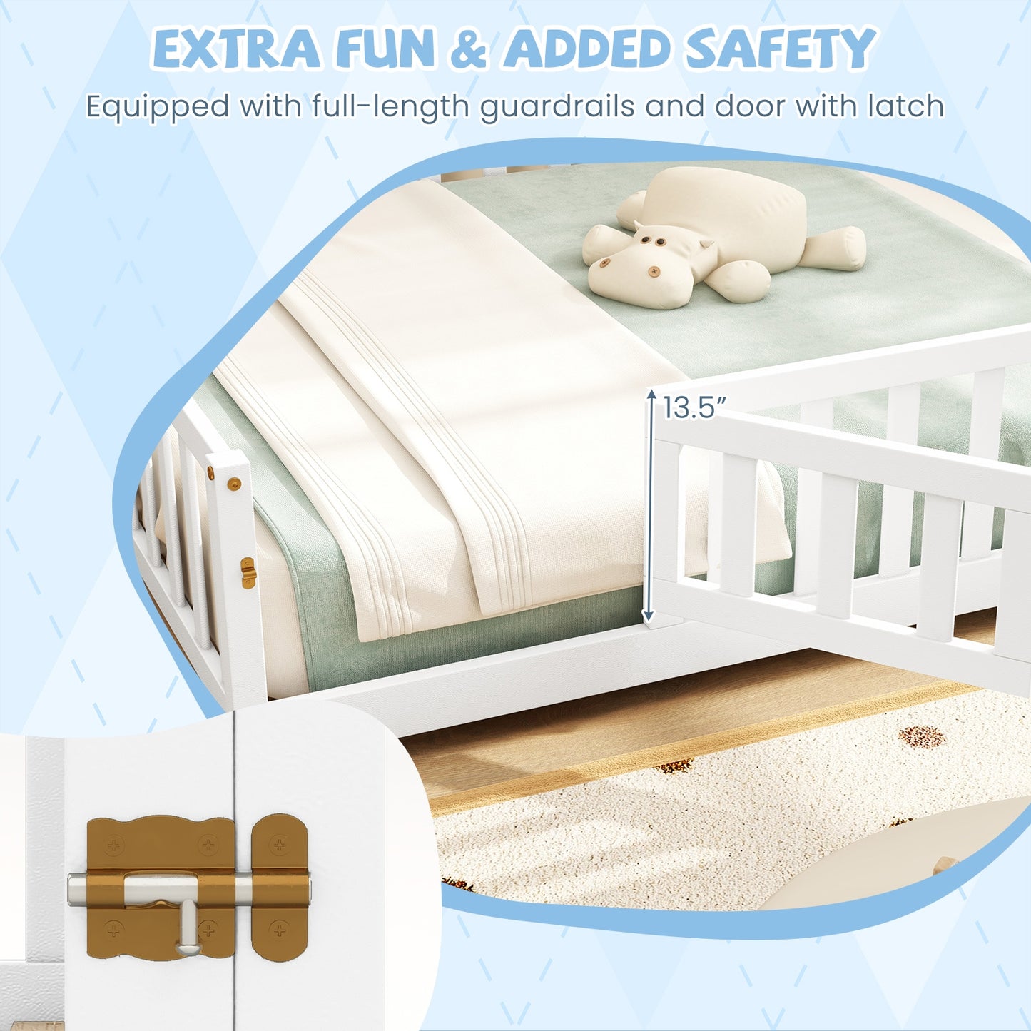 Montessori Bed Frame with Full-length Guardrails Safety Door and Latch-White Kids Crystal