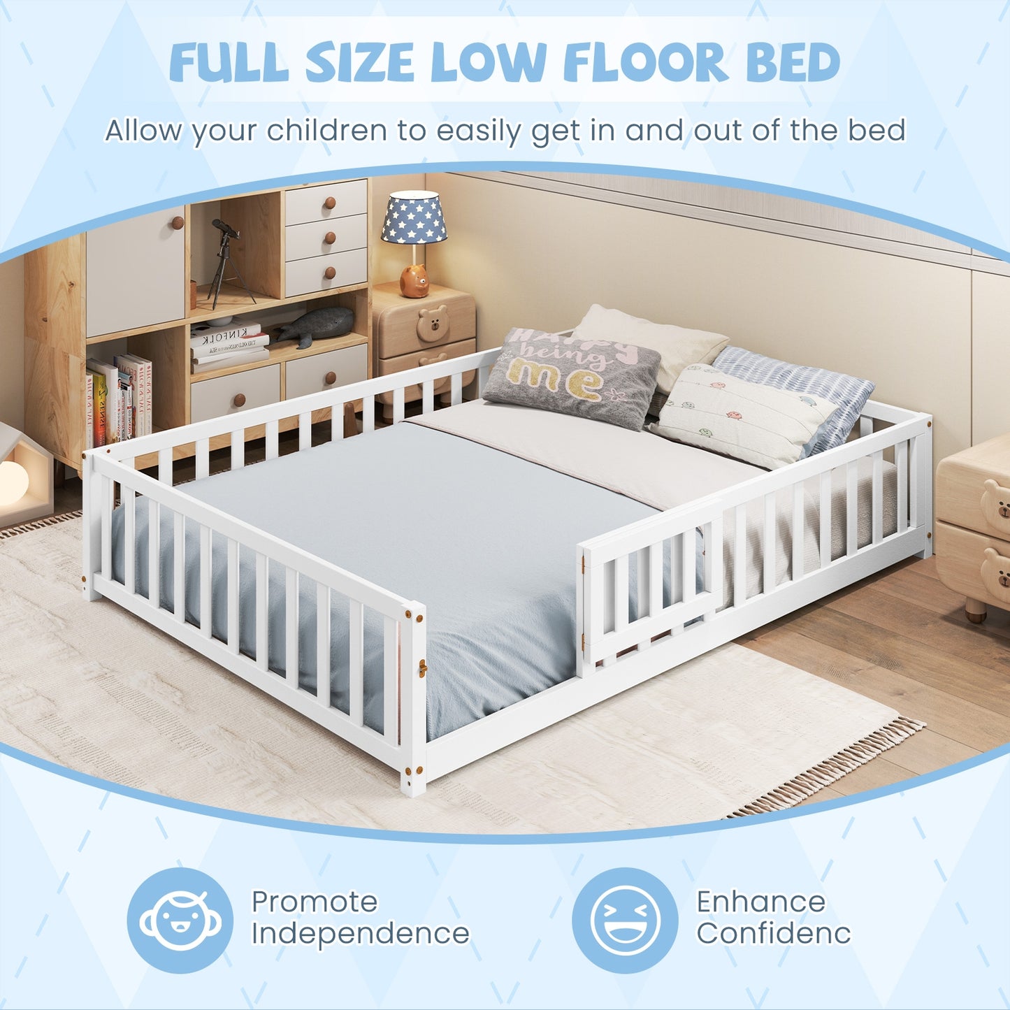 Montessori Bed Frame with Full-length Guardrails Safety Door and Latch-White Kids Crystal