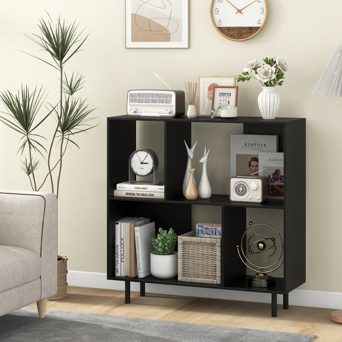 Open Shelf Bookcase with 4 Compartments-Black Kids Crystal