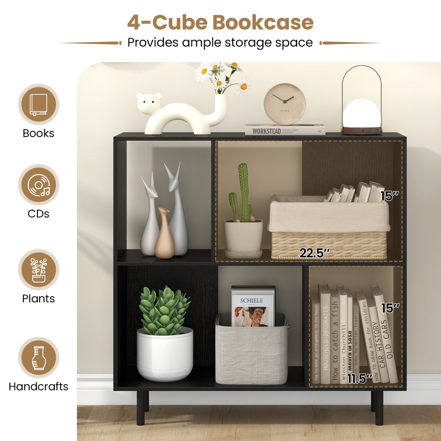Open Shelf Bookcase with 4 Compartments-Black Kids Crystal
