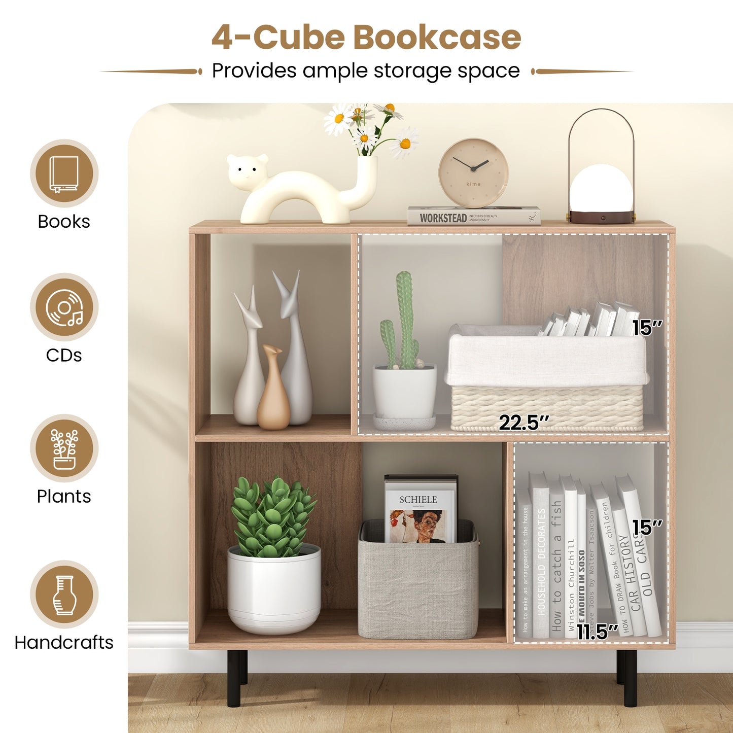Open Shelf Bookcase with 4 Compartments-Natural Kids Crystal