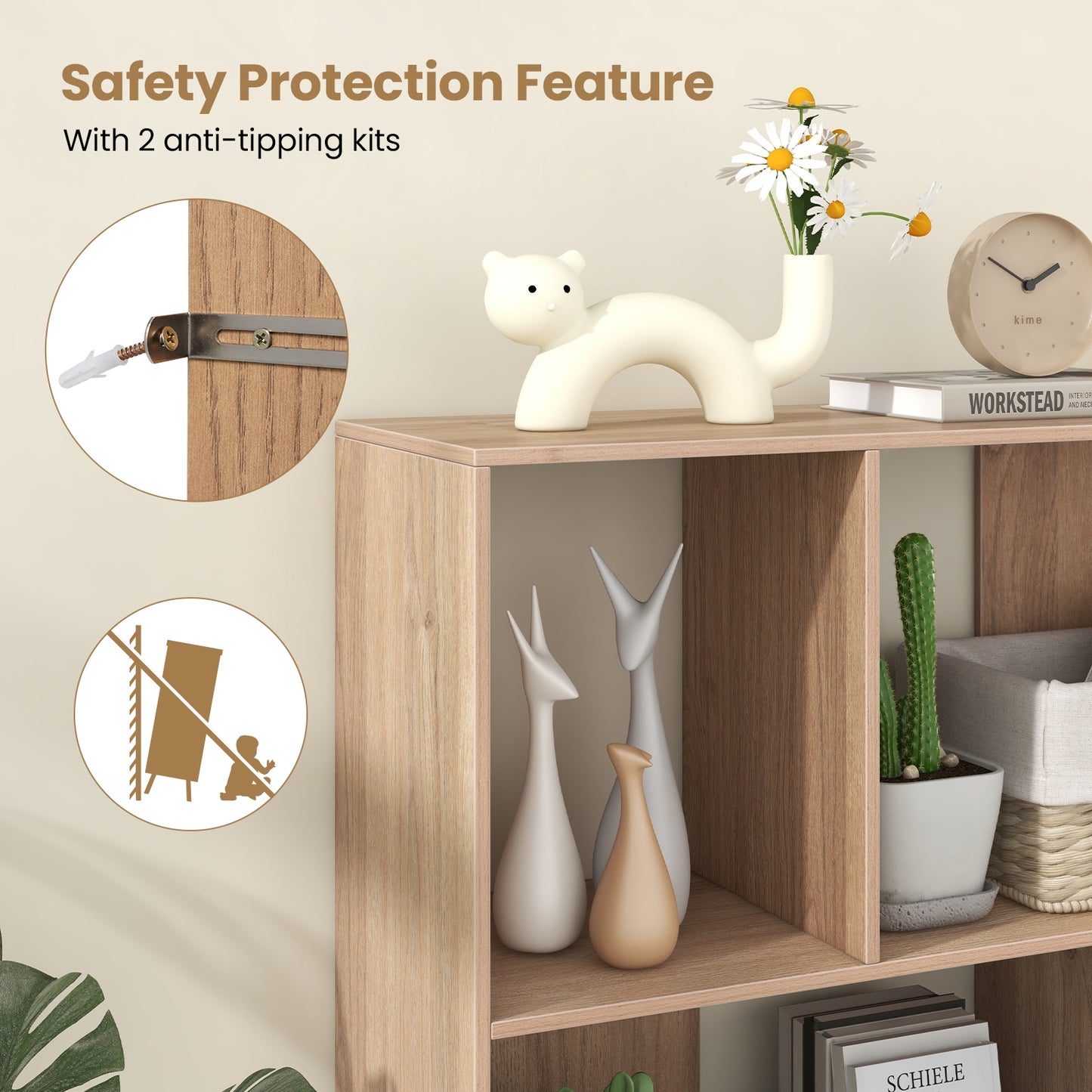 Open Shelf Bookcase with 4 Compartments-Natural Kids Crystal