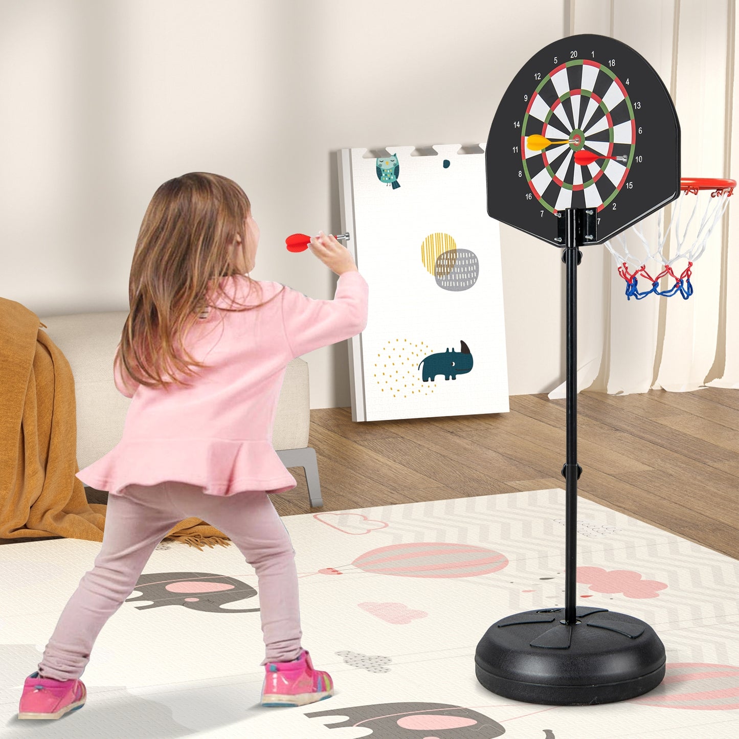 2-in-1 Height Adjustable Kids Basketball Hoop with Dart Board Kids Crystal