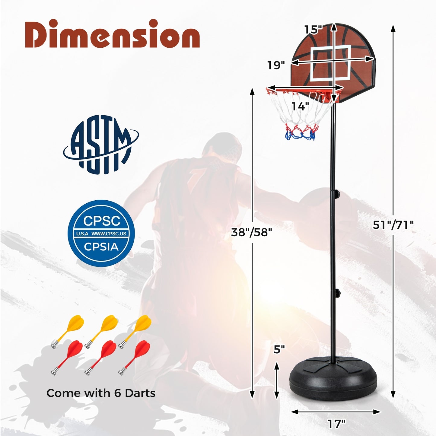2-in-1 Height Adjustable Kids Basketball Hoop with Dart Board Kids Crystal