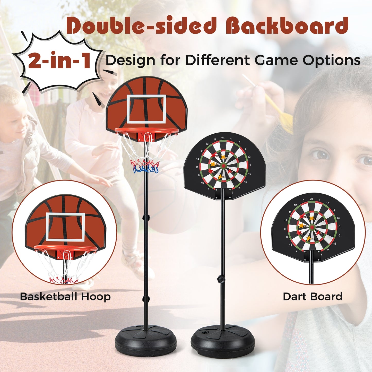 2-in-1 Height Adjustable Kids Basketball Hoop with Dart Board Kids Crystal