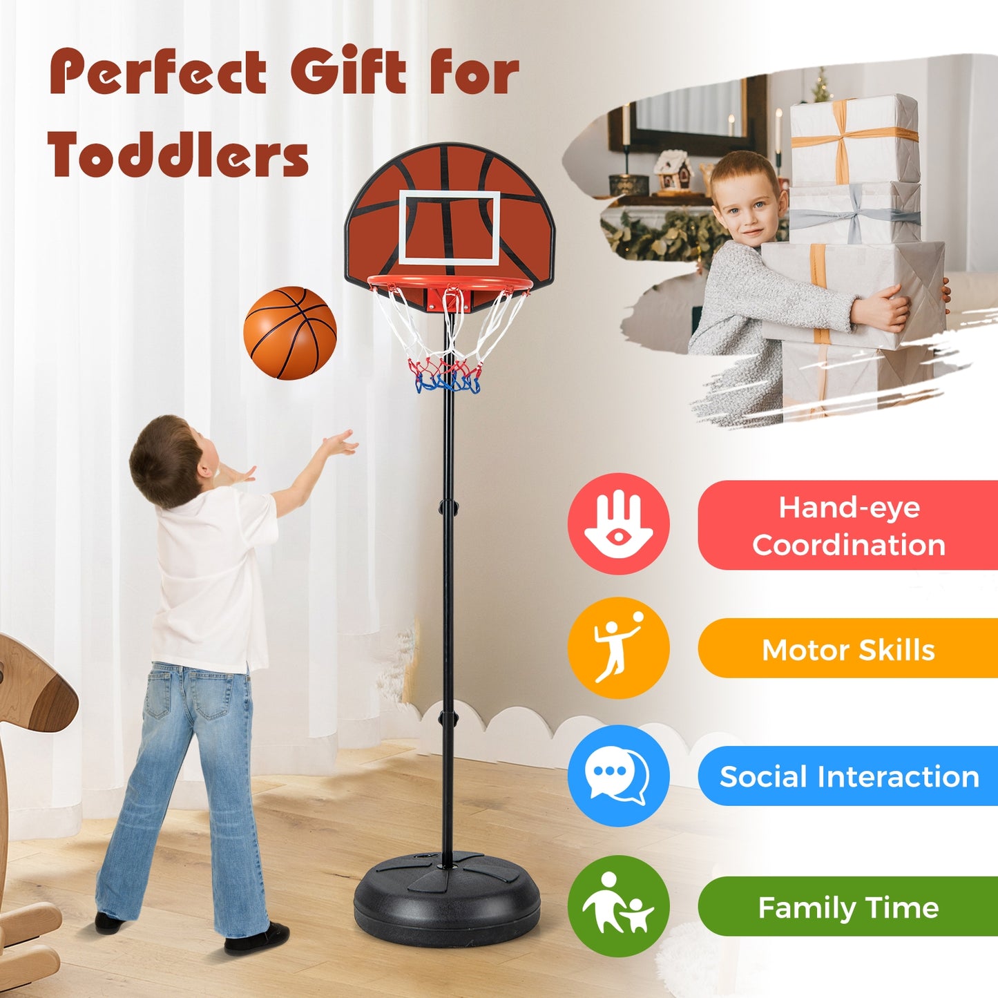 2-in-1 Height Adjustable Kids Basketball Hoop with Dart Board Kids Crystal