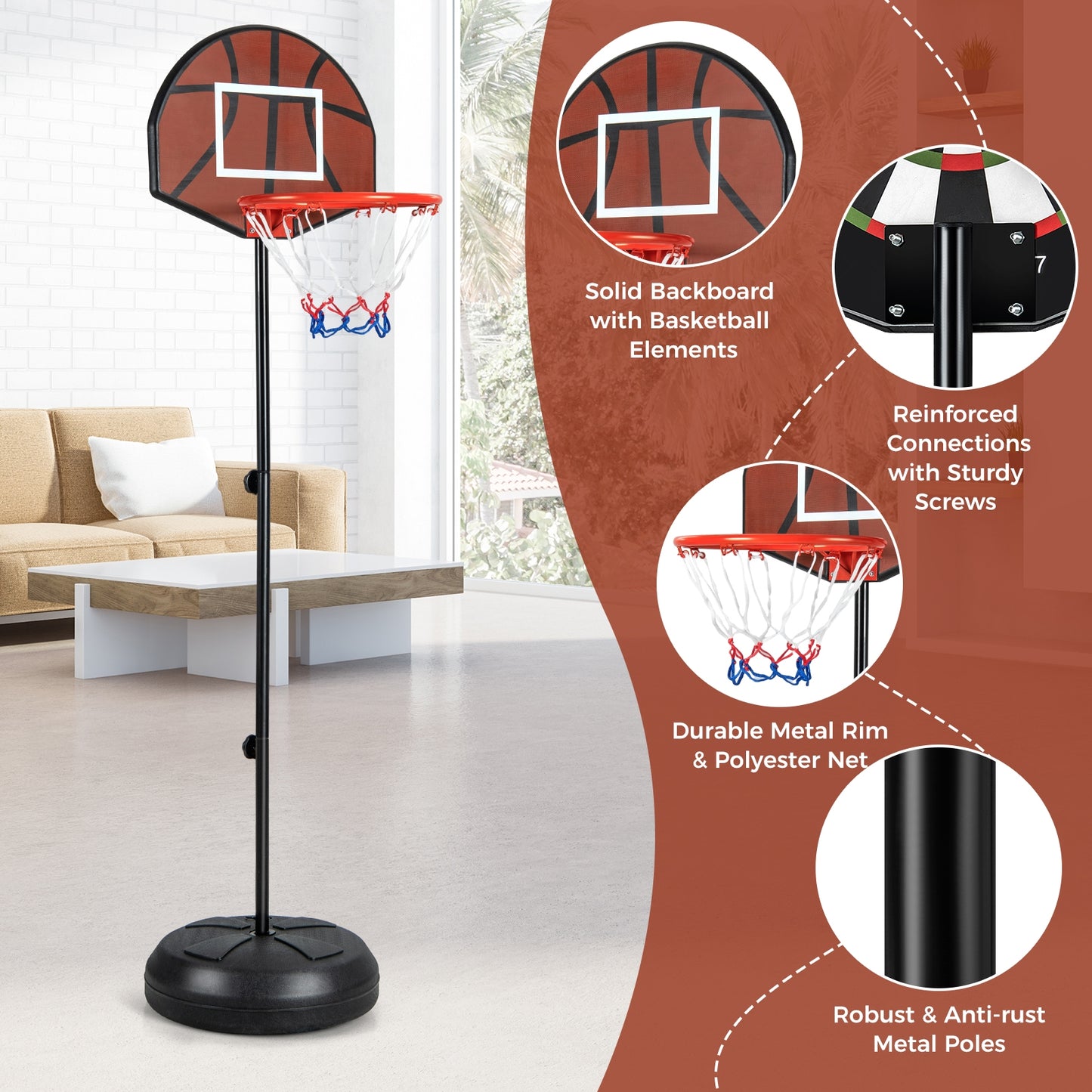 2-in-1 Height Adjustable Kids Basketball Hoop with Dart Board Kids Crystal