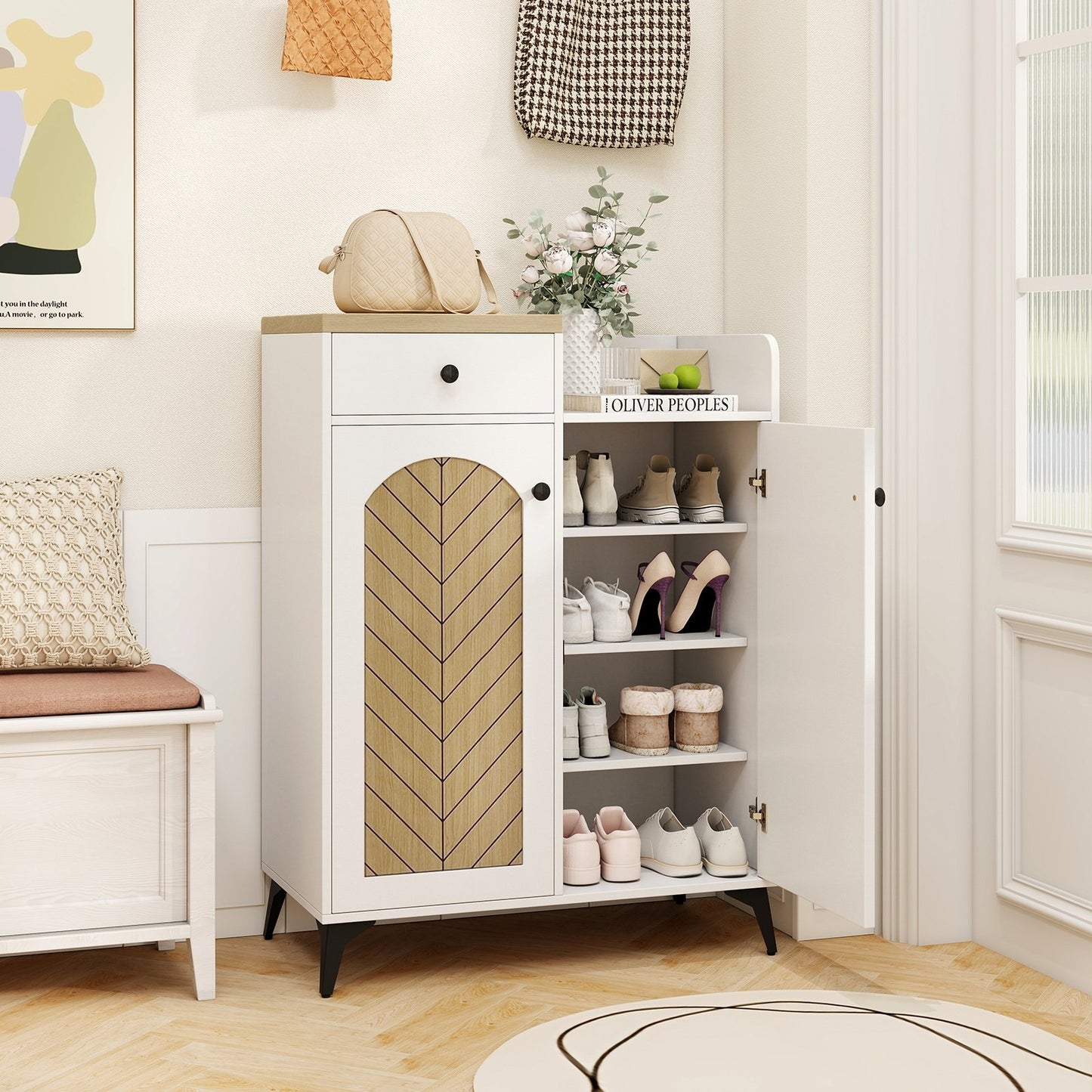 2-Door Shoe Rack Organizer with Drawer and 6 Removable Shelves-White Kids Crystal