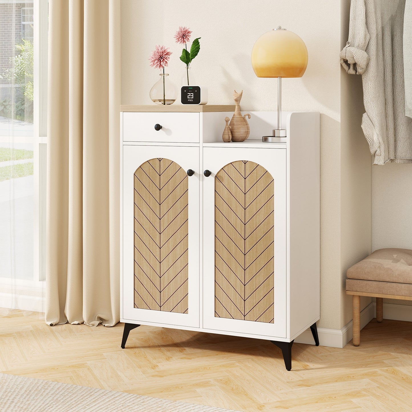 2-Door Shoe Rack Organizer with Drawer and 6 Removable Shelves-White Kids Crystal