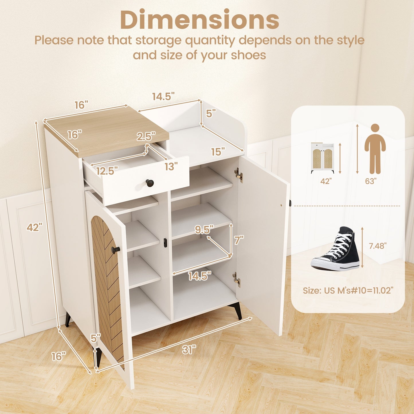 2-Door Shoe Rack Organizer with Drawer and 6 Removable Shelves-White Kids Crystal