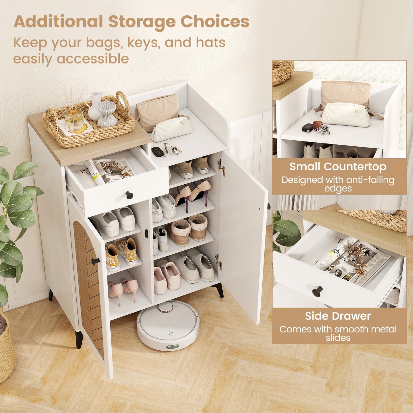 2-Door Shoe Rack Organizer with Drawer and 6 Removable Shelves-White Kids Crystal