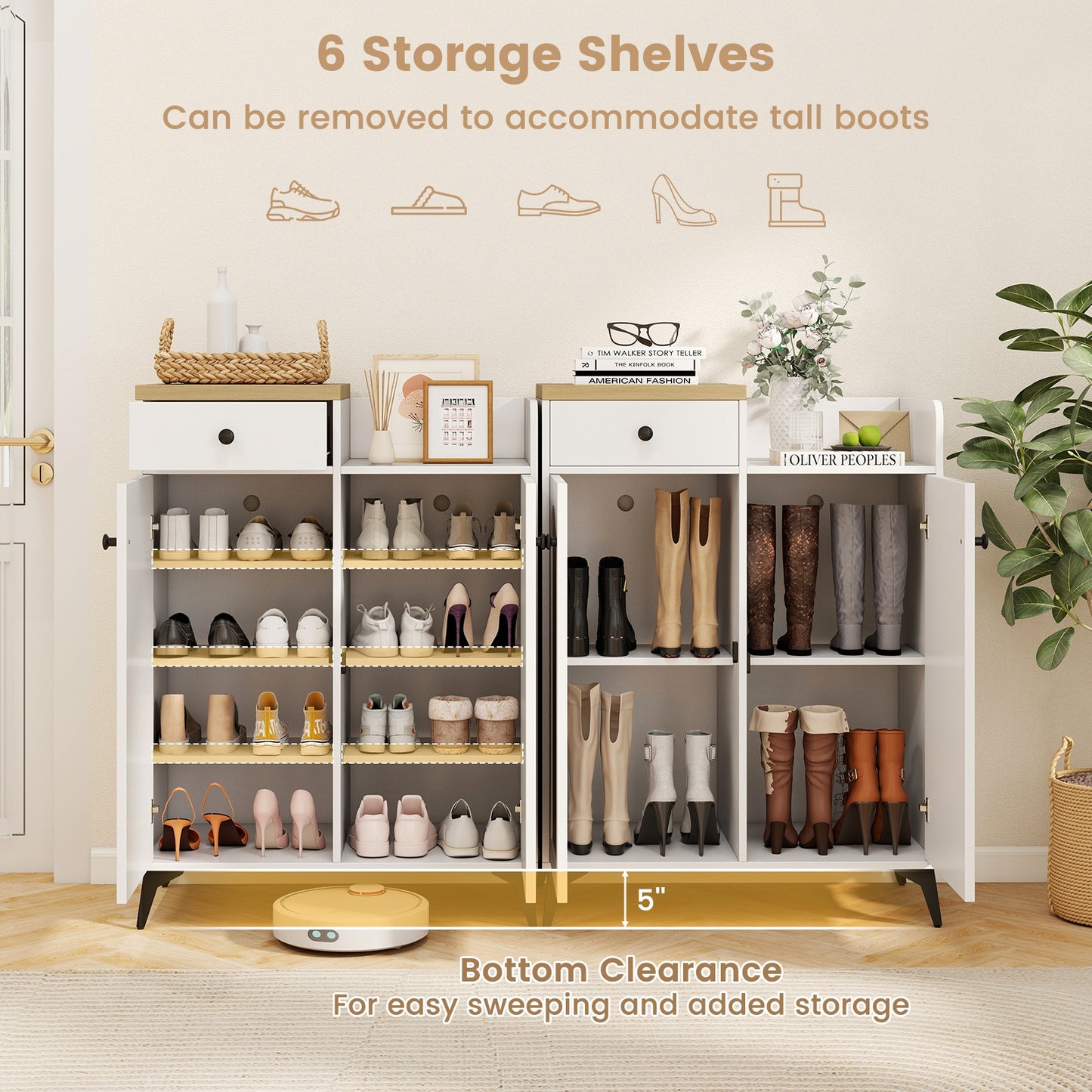 2-Door Shoe Rack Organizer with Drawer and 6 Removable Shelves-White Kids Crystal