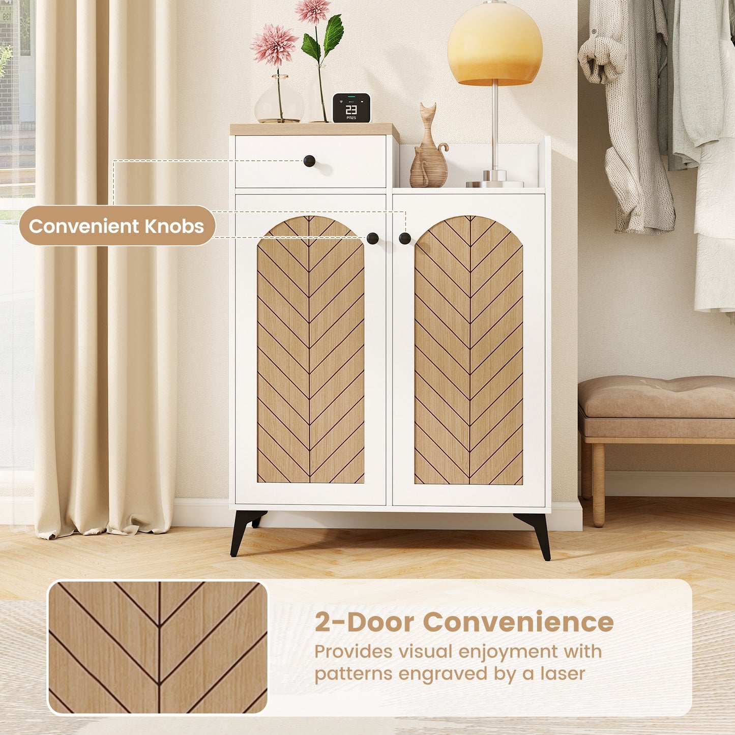 2-Door Shoe Rack Organizer with Drawer and 6 Removable Shelves-White Kids Crystal