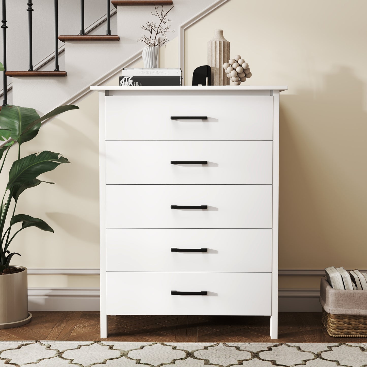 Modern 5-Drawer Multipurpose Chest Dresser with Metal Handles-White Kids Crystal