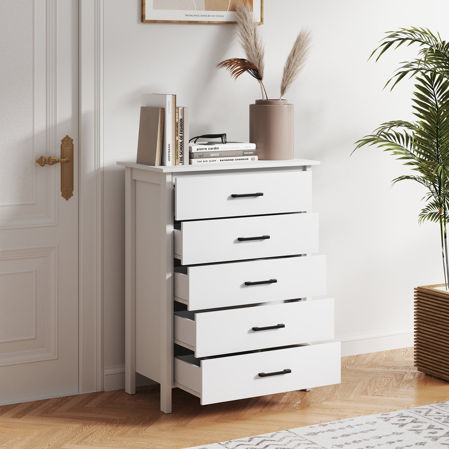 Modern 5-Drawer Multipurpose Chest Dresser with Metal Handles-White Kids Crystal