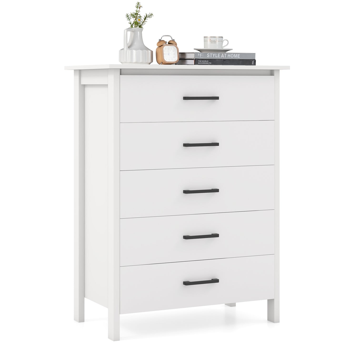 Modern 5-Drawer Multipurpose Chest Dresser with Metal Handles-White Kids Crystal