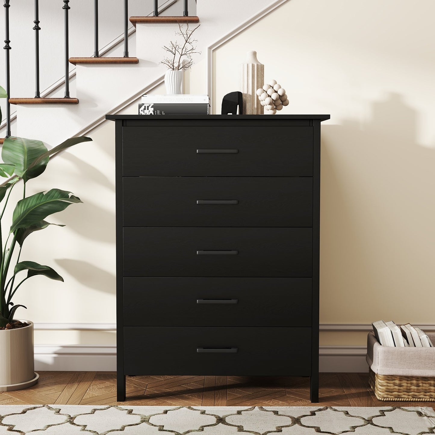 Modern 5-Drawer Multipurpose Chest Dresser with Metal Handles-Black Kids Crystal