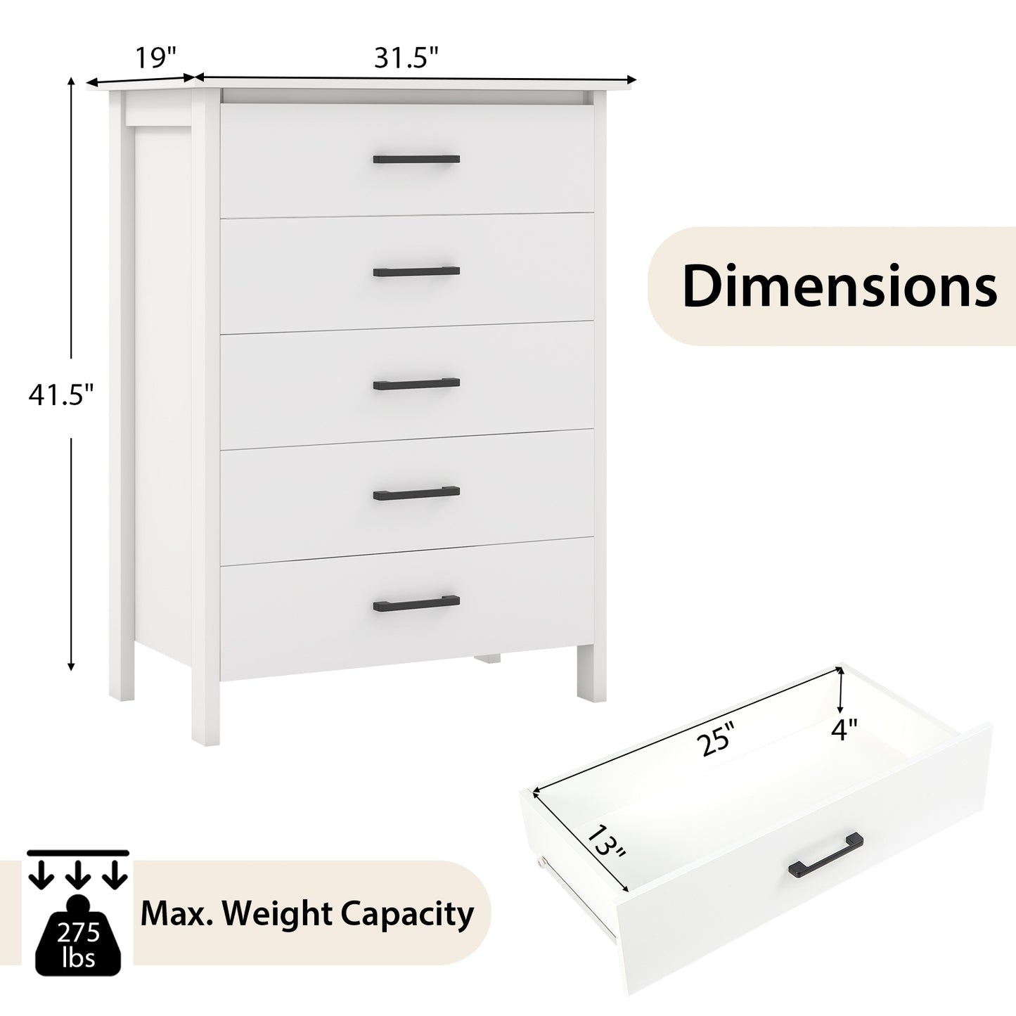 Modern 5-Drawer Multipurpose Chest Dresser with Metal Handles-White Kids Crystal