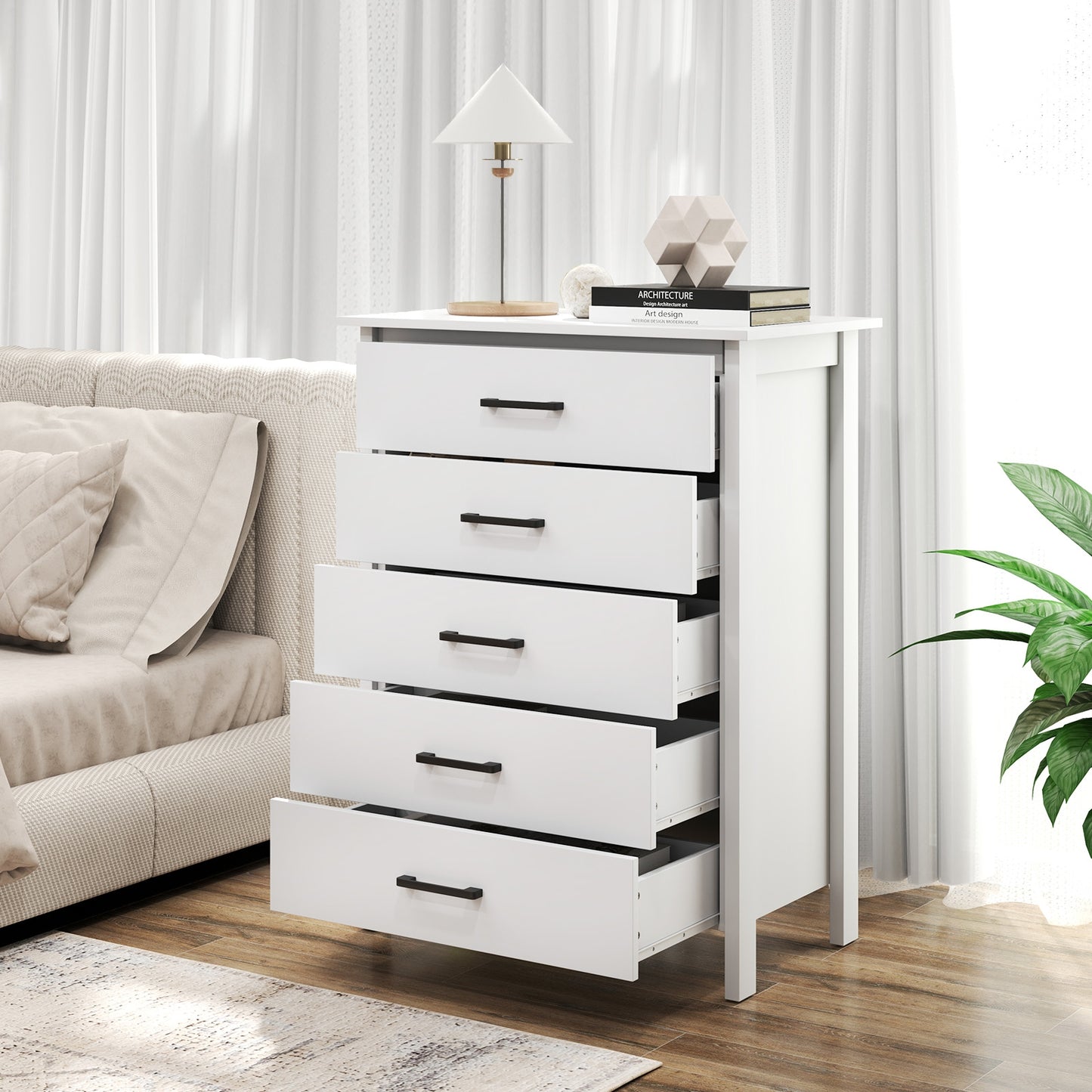 Modern 5-Drawer Multipurpose Chest Dresser with Metal Handles-White Kids Crystal