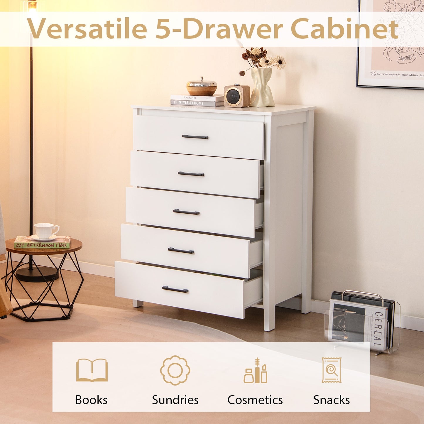 Modern 5-Drawer Multipurpose Chest Dresser with Metal Handles-White Kids Crystal