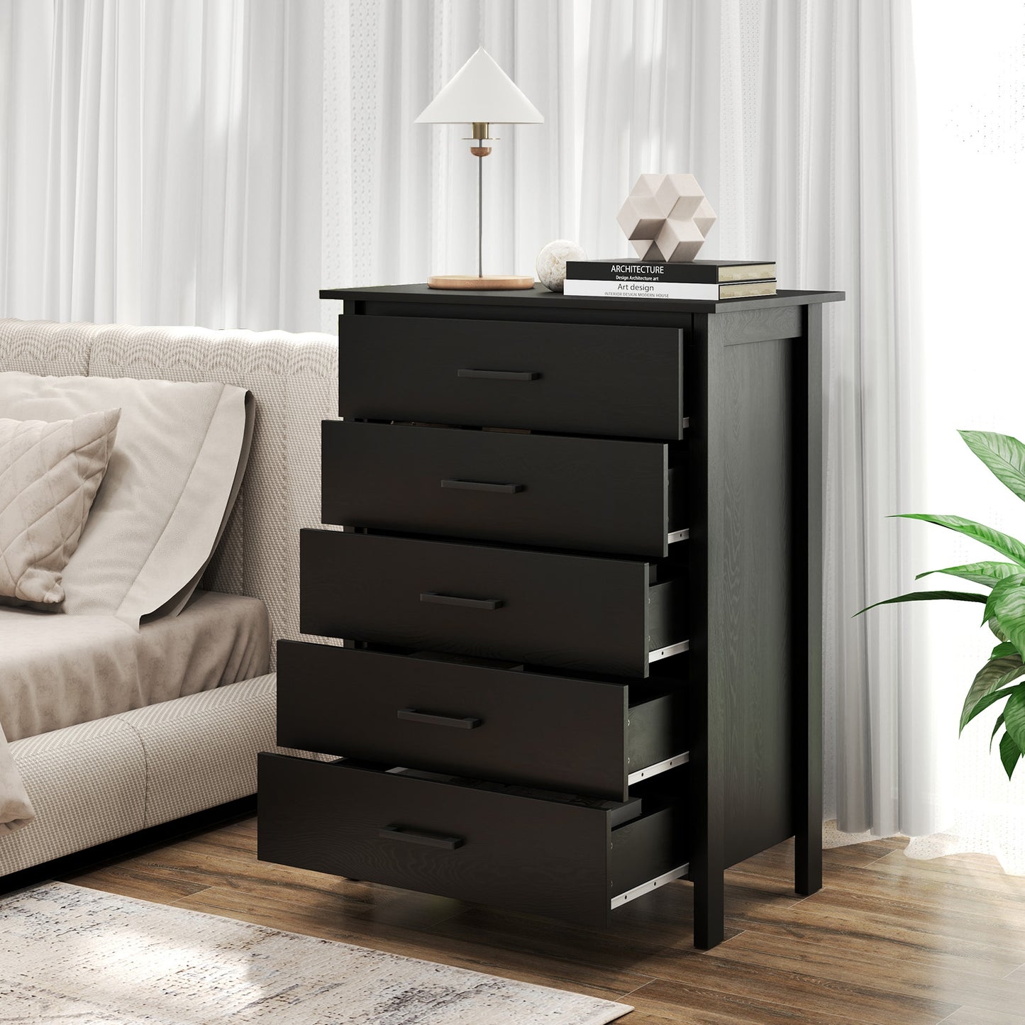 Modern 5-Drawer Multipurpose Chest Dresser with Metal Handles-Black Kids Crystal
