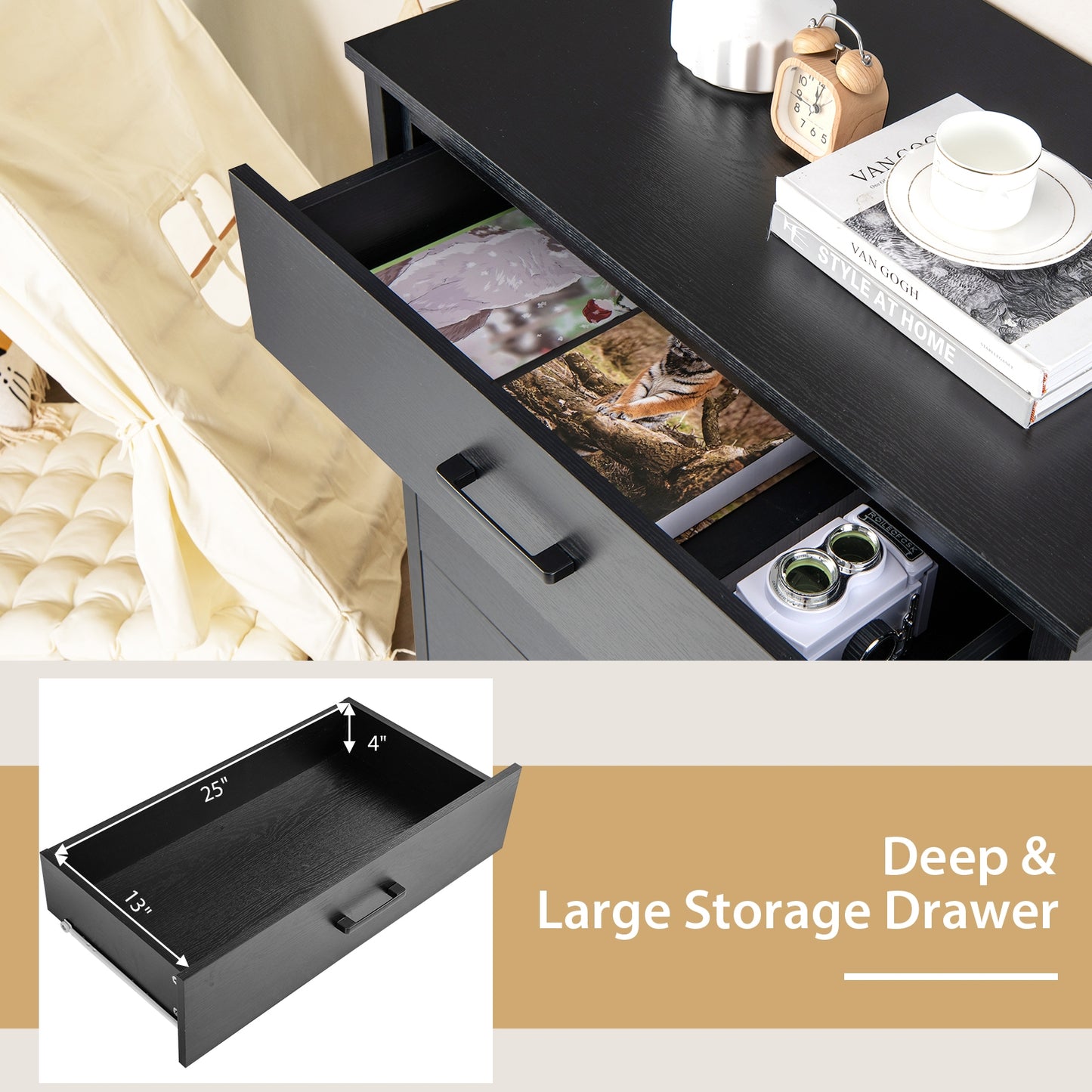 Modern 5-Drawer Multipurpose Chest Dresser with Metal Handles-Black Kids Crystal
