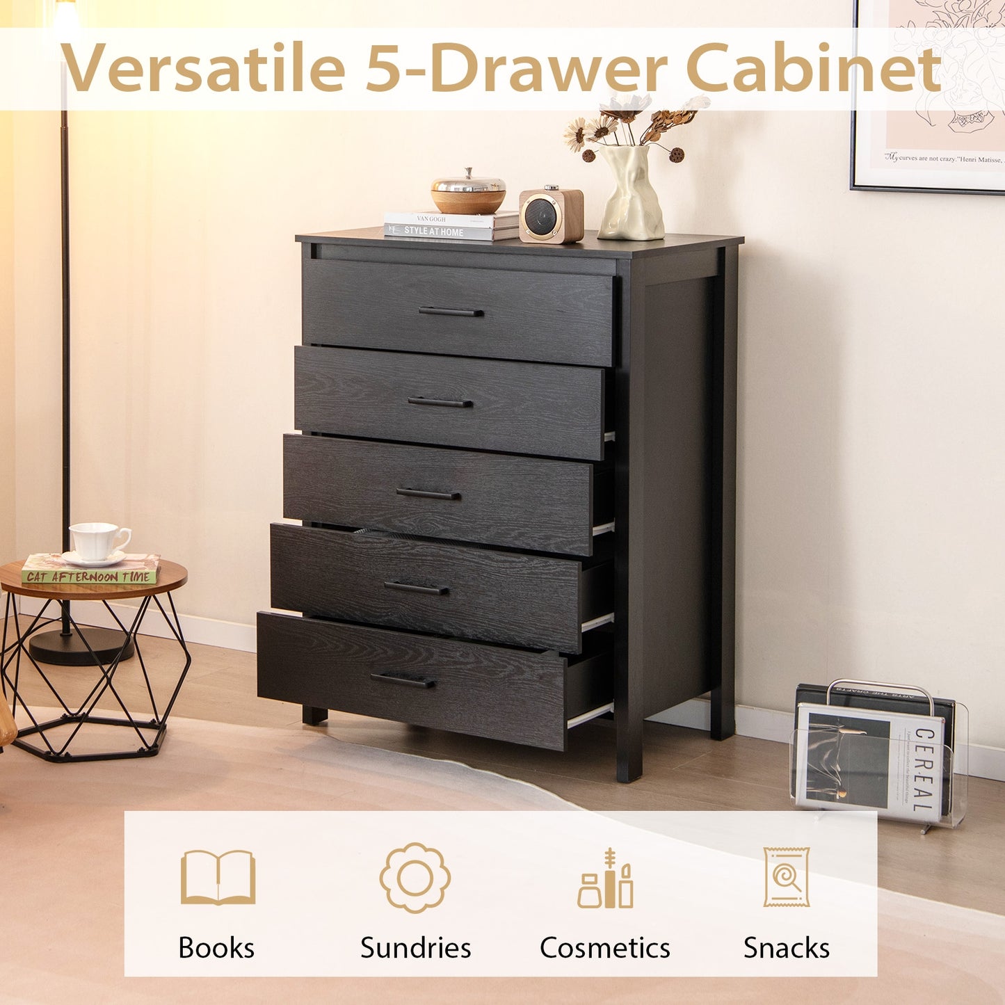 Modern 5-Drawer Multipurpose Chest Dresser with Metal Handles-Black Kids Crystal