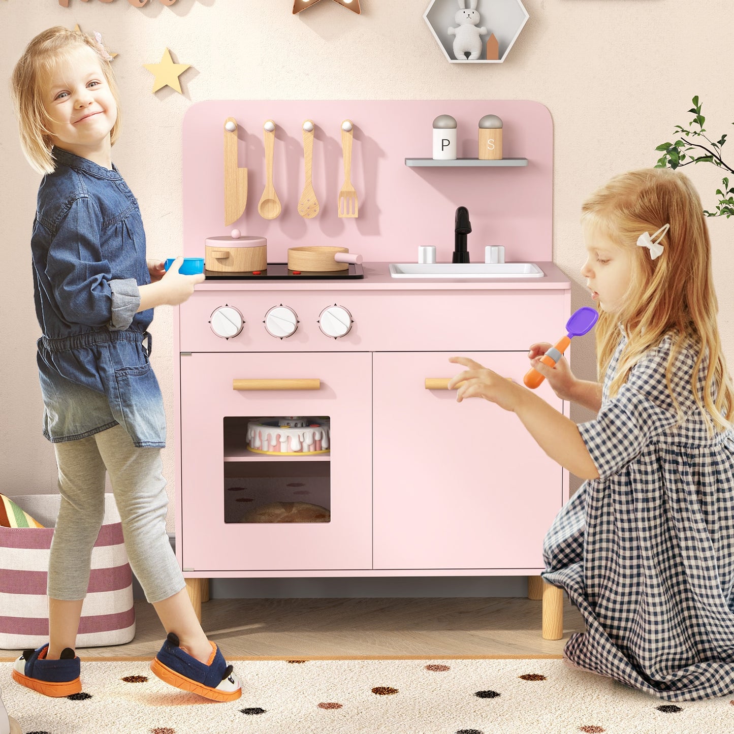 Kids Kitchen Playset with Cooking Accessories and Storage-Pink Kids Crystal