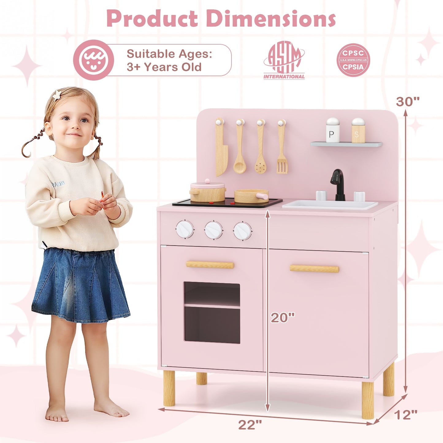 Kids Kitchen Playset with Cooking Accessories and Storage-Pink Kids Crystal
