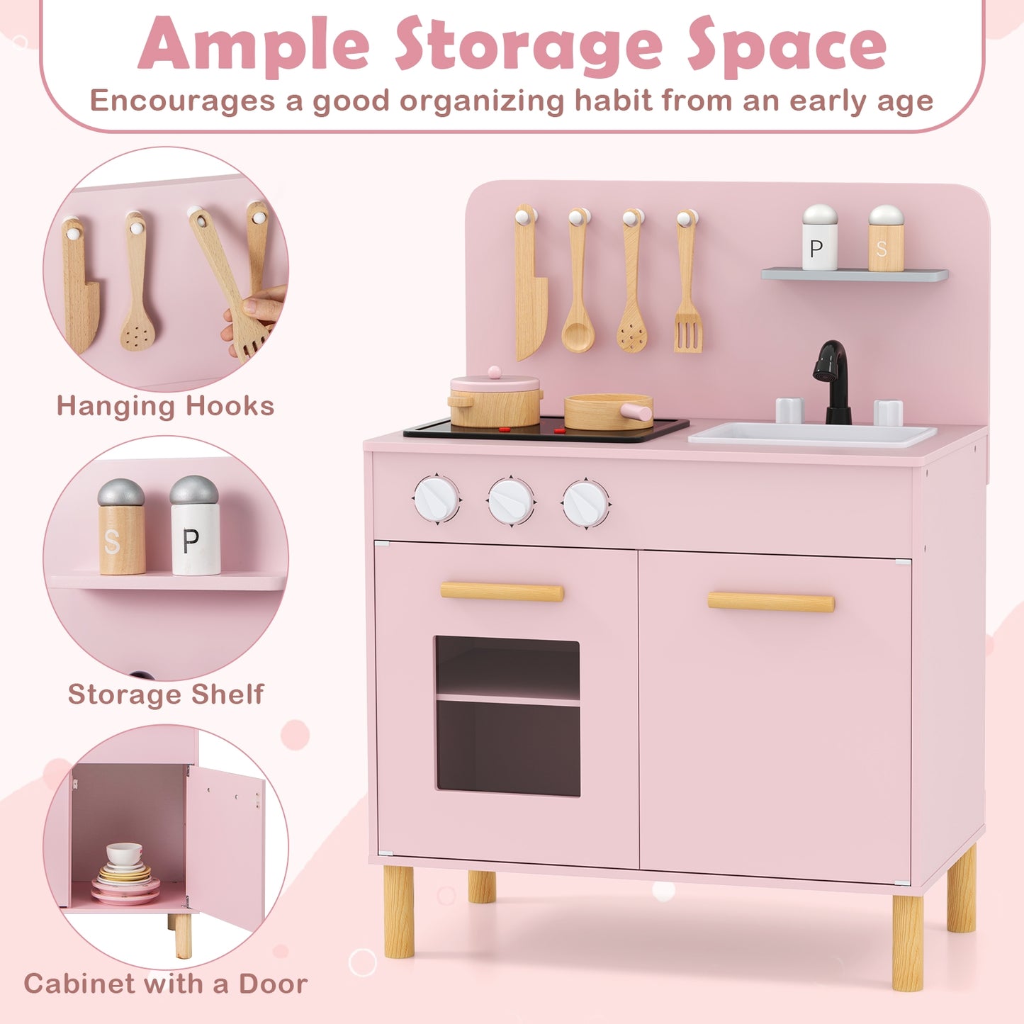 Kids Kitchen Playset with Cooking Accessories and Storage-Pink Kids Crystal