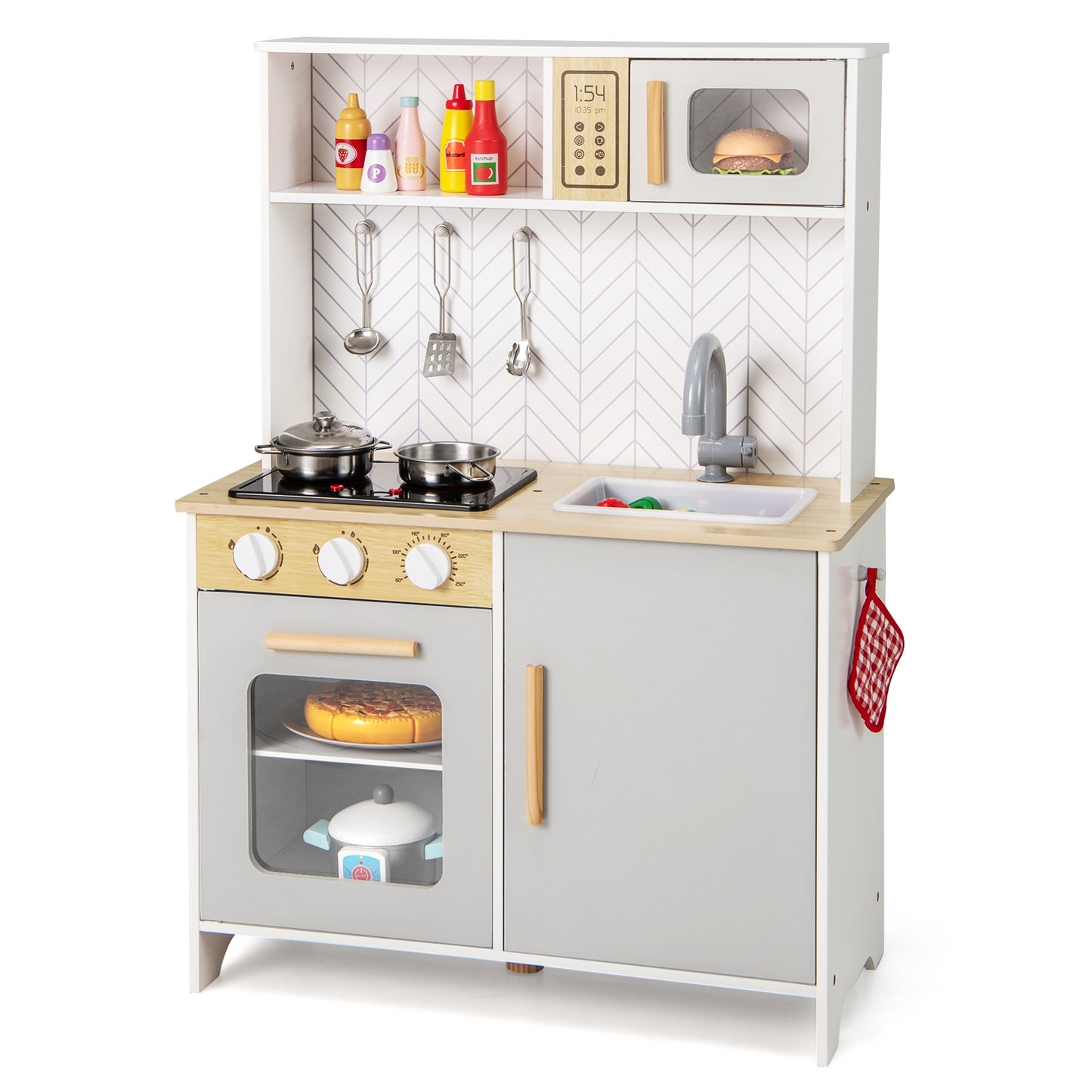 Kids Kitchen Playset with Lights Sounds Microwave Stoves Sink Oven and Cooking Accessories-White Kids Crystal